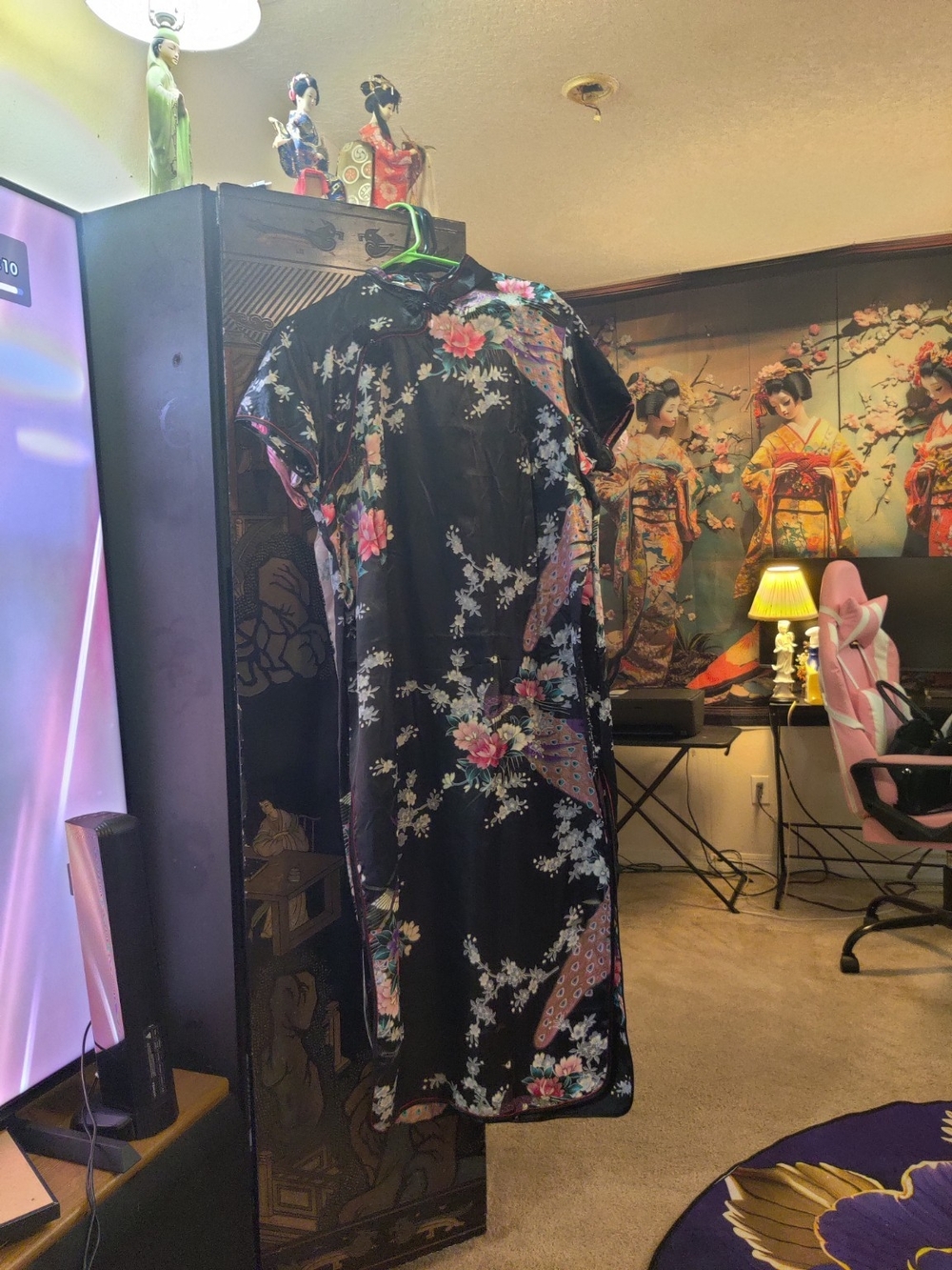 Black Floral Cheongsam Midi Dress with Fan Print